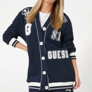 GUESS Women’s Cardigan Varsity-Style Button Front XL Navy Blue/White Academia